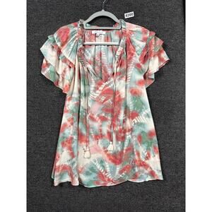 Rose + Olive Tie Dye Ruffle Sleeve Top Womens Size 1X Multicolor Office Artsy